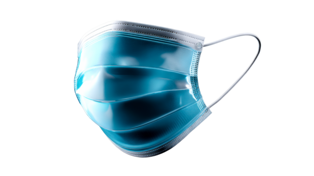 Surgical face mask with blue tint and ear loops, cut out transparent