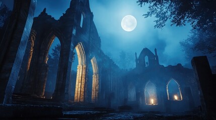 Ancient ruins illuminated by moonlight reveal a haunting atmosphere amidst the shadowy landscape