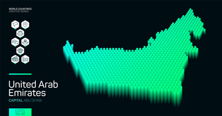 Isometric map of United Arab Emirates with green hexagons