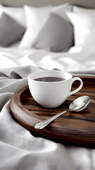 with white cup and spoon placed on linen cloth in minimal setting