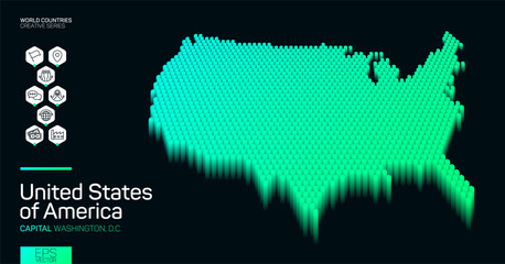 Isometric map of United States of America with green hexagons