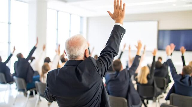 Audience Participation - People Raising Hands in a Conference Room.
