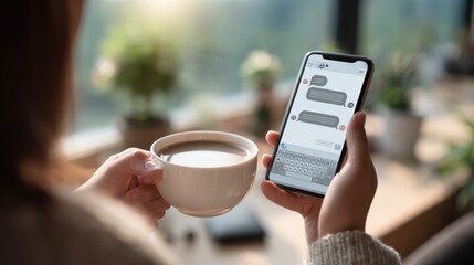 Staying Connected Coffee Cup in Hand Sending Text Messages on Mobile Phone Person Using Messaging App Modern Communication Technologies Mobile Lifestyle Digital Native Gen Z Millennial