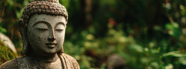 Obraz premium Statue sculpture of ancient Buddha in morning a forest. Zen spiritual ritual meditating white face of brown Buddha green background. Spiritual calmness and awakening. Religion travel esoterics concept