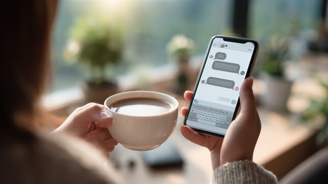 Staying Connected Coffee Cup in Hand Sending Text Messages on Mobile Phone Person Using Messaging App Modern Communication Technologies Mobile Lifestyle Digital Native Gen Z Millennial