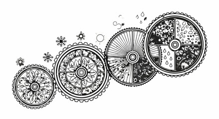 Whimsical gears illustrating the changing seasons, from delicate snowflakes to blooming flowers and falling rain.