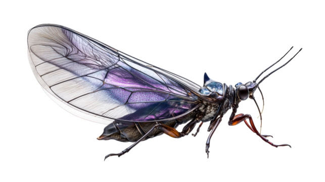 Detailed closeup of a black insect with iridescent purple wings, cut out transparent
