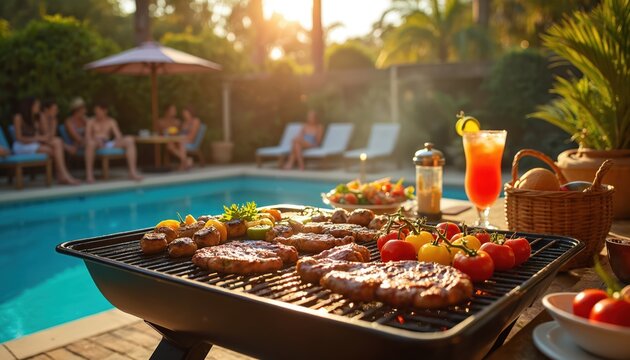 Family have bar-b-q party at swimming pool in backyard. Friends relax and enjoy time together. Tasty food is grilling outdoors. Summer vacation. People celebrate holiday with delicious grill food. - Powered by Adobe