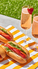 of picnic blanket filled with fresh fruits, sandwiches, and sparkling drinks outdoors