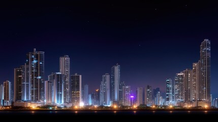 Urban skyline at night featuring modern skyscrapers and illuminated buildings in a vibrant cityscape under a starry sky