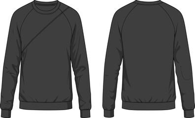 Black long sleeve sweatshirt front and back view with diagonal seam design, ribbed cuffs, crew neck, casual fashion apparel illustration