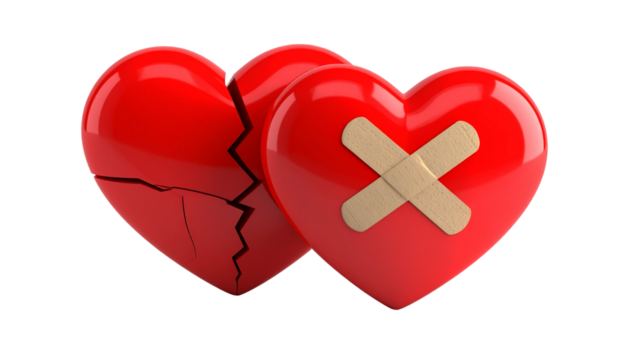 Broken red heart with bandages duo isolated on transparent background