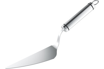 Metal kitchen spatula with long handle, transparent background