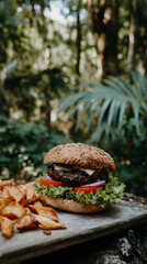 with lettuce, tomato, onion, and melted cheese served with fries on wooden tray