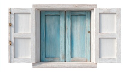 Rustic Blue Wooden Window Shutters with Open White Frame Against Light Background