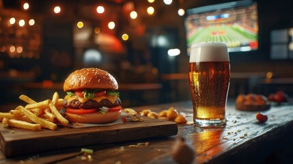 Delicious burger and cold beer presented on a rustic table with warm ambiance highlighting a vibrant sports backdrop