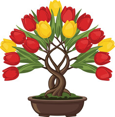 Tulip bonsai tree vector illustration, artistic potted plant design, red and yellow floral artwork, decorative nature graphic, unique creative template