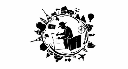 Adventurous explorer planning a global journey surrounded by iconic landmarks and travel essentials.