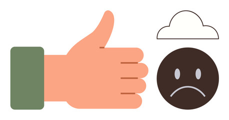 Hand giving a thumbs-up next to a sad face with a cloud. Ideal for feedback, encouragement, emotion, mental health, motivation, teamwork, and self-improvement concepts. Simple flat metaphor