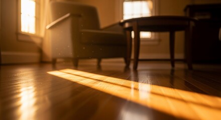 Fototapeta premium Warm sunlight interior scene with hardwood floor chair and table