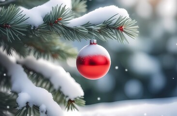 New Year's red ball on a snow-covered Christmas tree in the forest. Postcard for your business