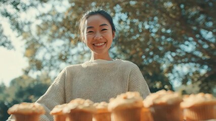 A woman proudly stands by a table of colorful cupcakes, enjoying a cheerful moment outside