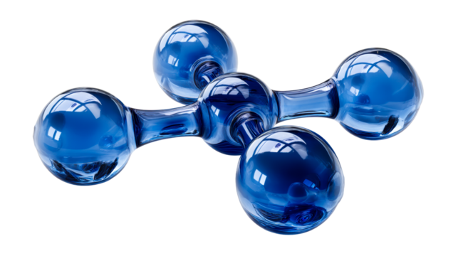Abstract blue glass molecular structure with reflective spheres, cut out transparent
