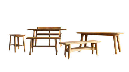 Set of wooden furniture items on a plain background, cut out transparent