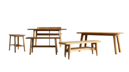 Set of wooden furniture items on a plain background, cut out transparent