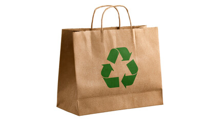 Brown paper shopping bag with green recycling symbol, cut out transparent