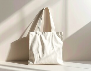 Minimal tote bag mockup on plain background, fabric texture visible, realistic lighting and shadows, ideal for branding showcase