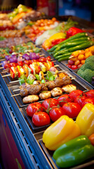 food stall serving skewers of grilled meat and vegetables under warm evening lights