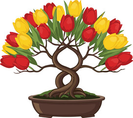 Tulip bonsai tree vector illustration, intertwined trunk potted plant design, red and yellow floral artwork, decorative nature graphic, creative artwork template