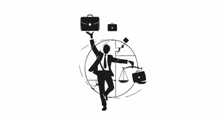 Lawyer balancing briefcases and scales of justice, symbolizing legal expertise and fairness in a complex world.
