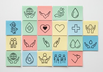 Black Outline Icons on Post-it Notes. Charity, Health, and Global Support Symbols for Business Presentation