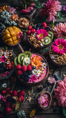 bowl topped with granola, kiwi slices, berries, and edible flowers beautifully styled