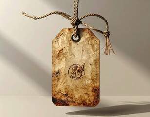 Realistic clothing hang tag mockup with string, embossed logo, premium kraft paper texture, minimal background