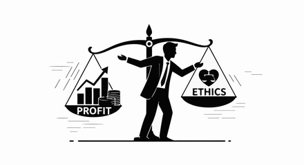 Businessman balancing profit and ethics on scales, symbolizing business integrity and moral choices.