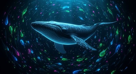 Whale swimming in ocean with bioluminescent plankton