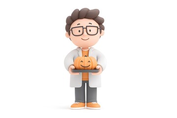 A smiling teacher holding a pumpkin-shaped cookie tray