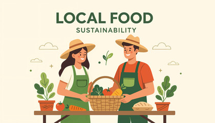 Local food and sustainability concept. A farmer couple holding a basket of fresh organic vegetables. Flat design vector illustration