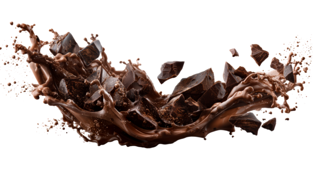 Chocolate chunks splashing into liquid dark chocolate, cut out transparent