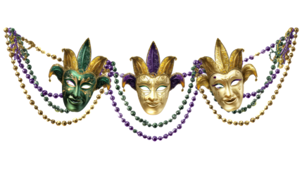 Three ornate masquerade masks with beaded garlands, cut out transparent