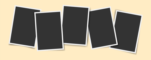 Vertical photo frame layout. Scattered five picture frame template. Blank retro photo display. Portrait photo placeholder design. Overlapped Print card mockup
