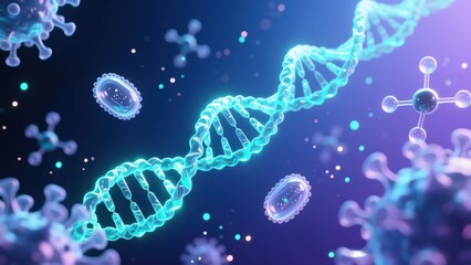 Glowing blue dna strand with floating molecules in dark lab scene showing genetic research and smart healthcare
