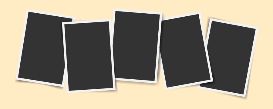 Vertical photo frame layout. Scattered five picture frame template. Blank retro photo display. Portrait photo placeholder design. Overlapped Print card mockup