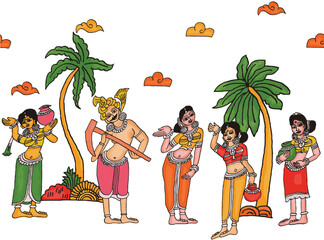 women drawn in Madhubani Kalamkari style for textile printing. traditional seamless kalamkari pattern design isolated on white background. hand drawn madhubani art.

 
