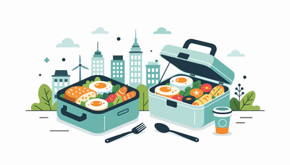 Healthy bento lunch boxes with food. Urban lifestyle and meal prep concept. Flat design vector illustration with a city skyline background