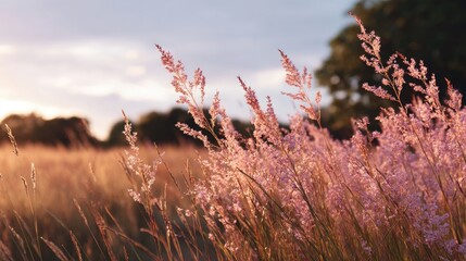 Beautiful Sunset over a Field of Delicate Pink Grass with Soft Light and Calm Atmosphere in Nature