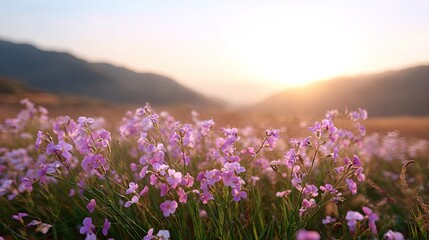 Fototapeta premium Sunset over Vibrant Purple Wildflowers in a Serene Meadow Landscape with Mountains in the Background